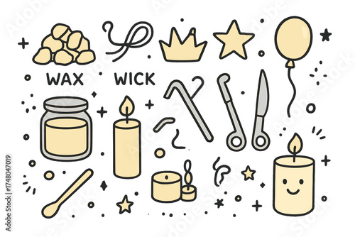 Candle Making Icons. Candle making doodle icon set: hand drawn icons of wax, wick, crown, star, balloon, jar, tools, and candle