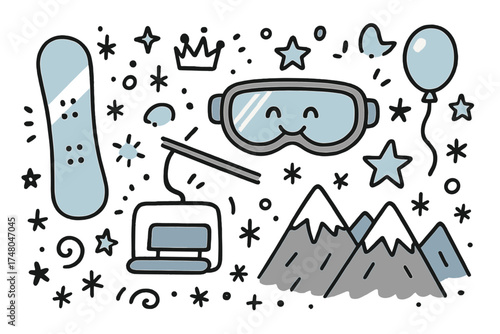 Ski Trip Doodle Icons. Ski trip doodle icon set: hand drawn icons of snowboard, goggles with smile, crown, star, balloon,