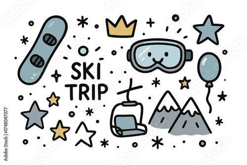 Ski Trip Doodle Icons. Ski trip doodle icon set: hand drawn icons of snowboard, goggles with smile, crown, star, balloon,