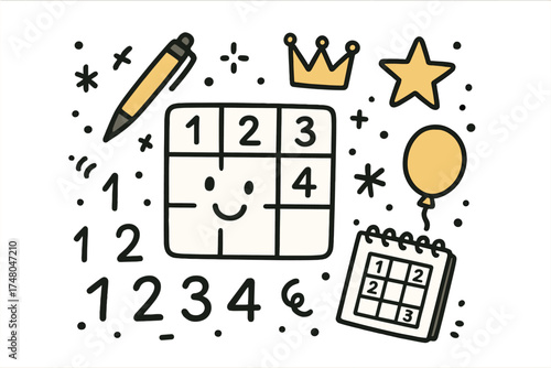 Cute Sudoku Icons. Sudoku doodle icon set: hand drawn icons of sudoku grid with smile, pen, crown, star, balloon, numbers, and