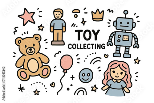 Cute Toy Icons. Toy collecting doodle icon set: hand drawn icons of teddy bear with smile, figurine, crown, star, balloon, robot,