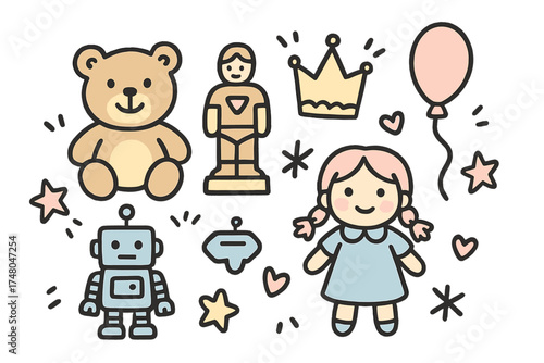 Cute Toy Icons. Toy collecting doodle icon set: hand drawn icons of teddy bear with smile, figurine, crown, star, balloon, robot,