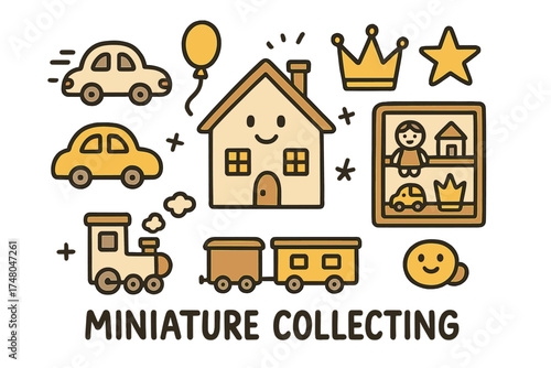 Miniature Collecting Icons. Miniature collecting doodle icon set: hand drawn icons of dollhouse with smile, cars, crown, star,
