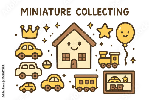 Miniature Collecting Icons. Miniature collecting doodle icon set: hand drawn icons of dollhouse with smile, cars, crown, star,