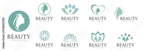 Set collection legant luxury logo with beautiful face of young adult woman with long hair. Sexy symbol silhouette of girl head and text lettering Beauty, SPA salon