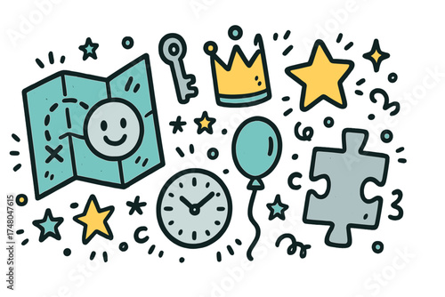 Futuristic Quest Icons. Futuristic quest doodle icon set: hand drawn icons of map with smile, key, crown, star, balloon, clock,