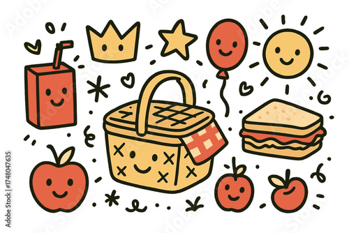 Cute Picnic Doodle. Kids picnic doodle icon set: hand drawn icons of basket with smile, juice box, crown, star, balloon, sandwich,