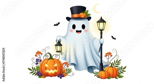 Cute Ghost Character with Pumpkins and Lanterns for Halloween Celebration.