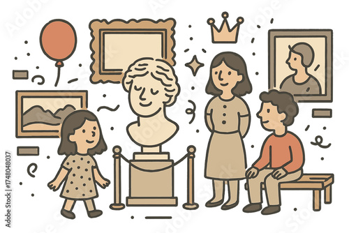 Art Museum Doodle. Museum of art illustration doodle style: hand drawn sculpture with smile, frame, crown, star, balloon, visitors