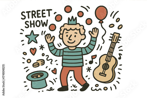 Juggler's Doodle Delight. Street show illustration doodle style: hand drawn juggler with smile, crown, star, balloon, guitar,
