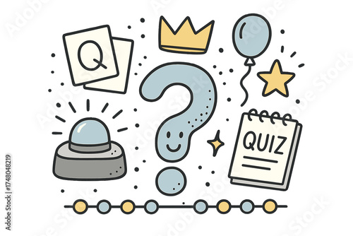 Quiz Show Doodle. Quiz show illustration doodle style: hand drawn question mark with smile, cards, crown, star, balloon, buzzer,