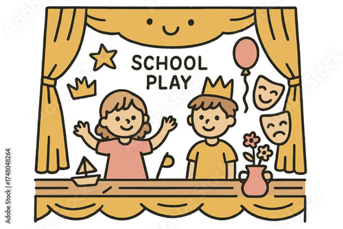 Cute School Play Scene. School play illustration doodle style: hand drawn curtain with smile, crown, star, balloon, kids, masks,