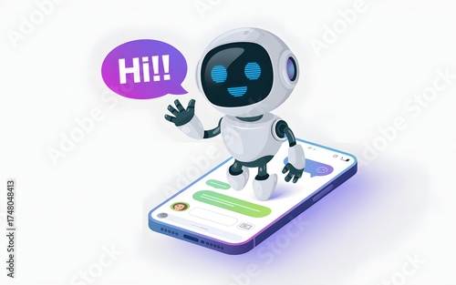 Friendly chatbot on mobile phone with speech bubble