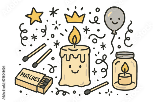 Cute Candle Doodle. Candle DIY illustration doodle style: hand drawn candle with smile, wax, crown, star, balloon, jar, matches,