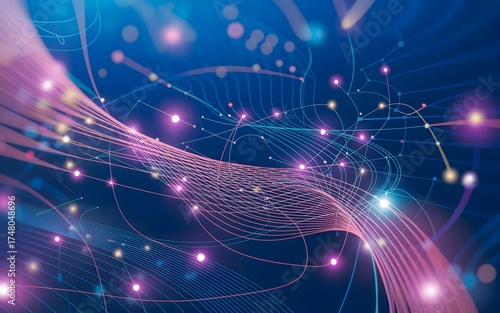 Abstract digital lines flow through a luminous cyberspace network, evoking technology and interconnection