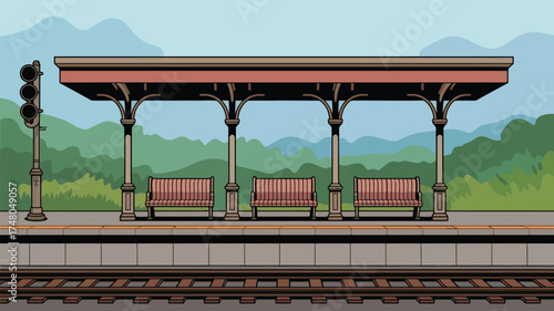 A cartoon illustration of a train station platform with benches and a signal light at daytime