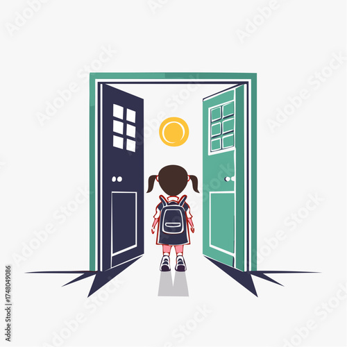 A young girl with a backpack stands in front of an open doorway, looking towards a bright sun.