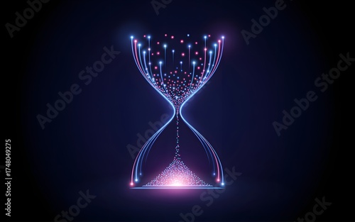 Abstract hourglass made of light and particles with time passing through