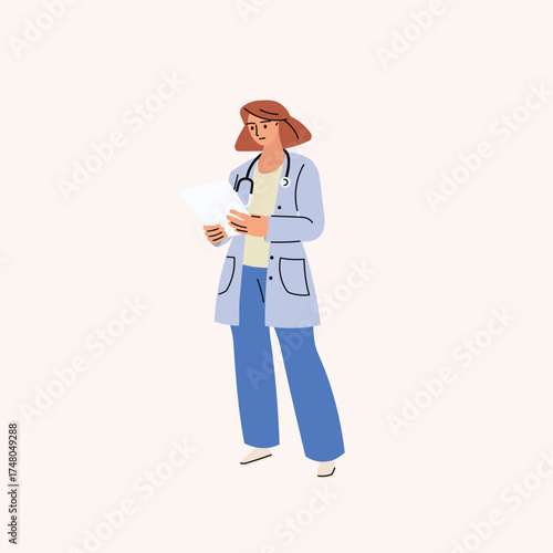Female doctor. Young woman medic worker in uniform scrub and stethoscope is holding a clipboard with a medical record . Flat minimalistic modern design. Vector illustration.