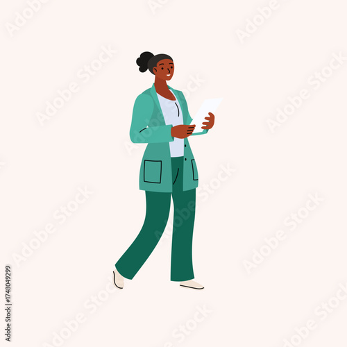 Female doctor. Young woman medic worker in uniform scrub is holding a clipboard with a medical record . Flat minimalistic modern design. Vector illustration.