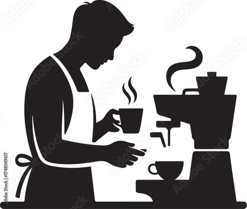 Silhouette of a barista making coffee with a machine and cups on a white background espresso coffee machine