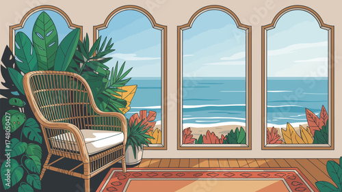 A wicker chair surrounded by plants looking out onto a beach through arched windows in a room