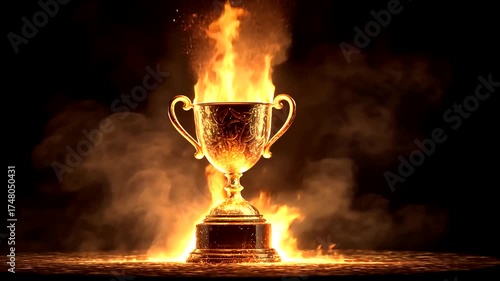 Fiery Trophy with Flames Against Dark Background for Achievement Concept