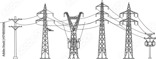 Electric power transmission towers and utility poles with transformers, vector illustration, high voltage grid infrastructure, industrial engineering drawing