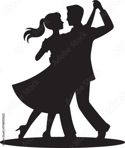 Silhouette of a couple dancing the tango or waltz with flowing dress and formal attire dance