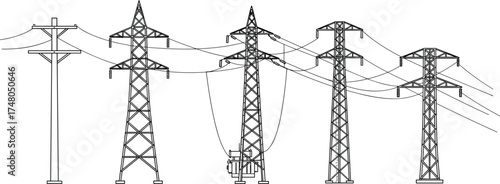 Electric power transmission towers and utility poles vector illustration, high voltage cables, energy grid infrastructure, industrial engineering drawing