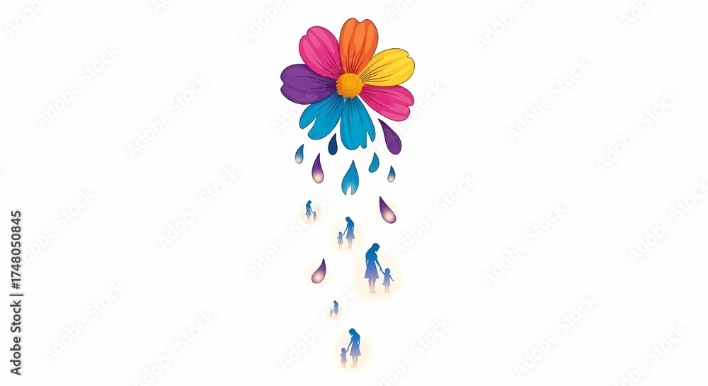 Obraz premium Colorful Flower with Water Droplets Rain on White Background, Creative Nature Concept