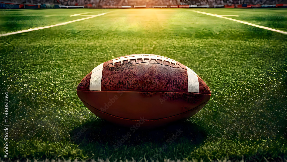 Obraz premium Rugby ballplaced on the green field of a stadium under natural light, representing competition, teamwork and professional outdoor sport