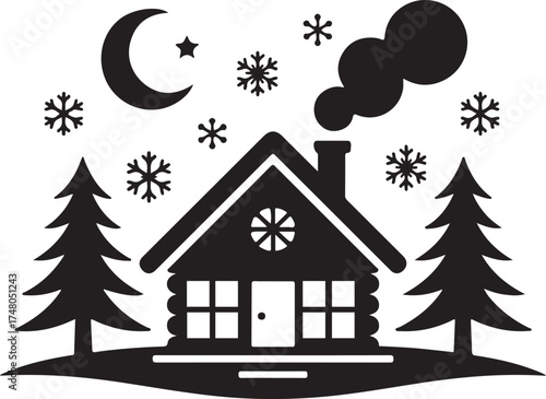 Silhouette of a cozy log cabin in a snowy winter landscape with a crescent moon and snowflakes house