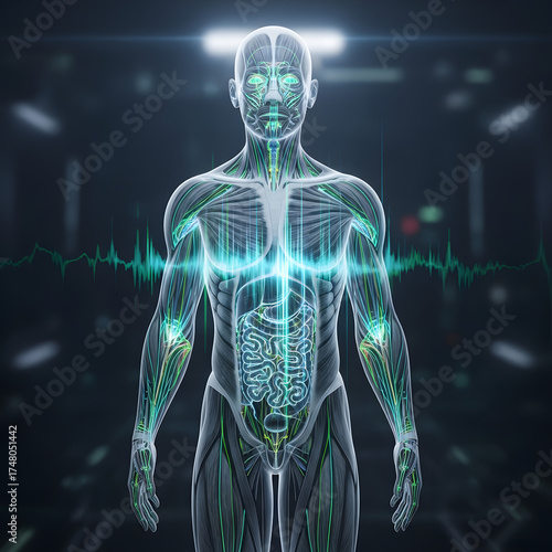 Wallpaper Mural Futuristic holographic human anatomy display shows inner workings and health data visualization Torontodigital.ca