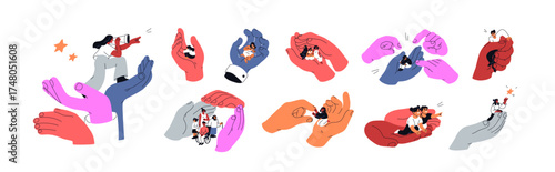 Concept set with hands holding tiny people. Support and care, violence, blame, authority, social protection and help. Psychology, flat vector illustrations isolated on white background.