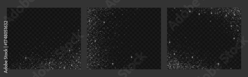 Silver glitter shimmer particles on black transparent backgrounds - distinct sparkle density variations with bright star like elements. Metallic dust textures and luminous effects for festive design