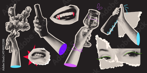 Y2k halftone aesthetic with retro collage elements - hands and lips, eyes and geometric shapes in monochrome dotted texture. Vintage internet culture graphics with neon colors for nostalgic designs.