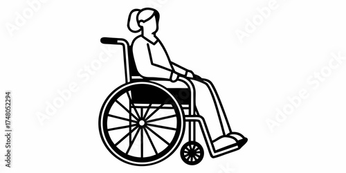 Illustration of a woman with hair bun sitting in a wheelchair with large wheels and foot rests design