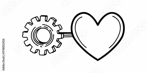 Illustration of a gear connected to a heart shape with a black outline on a white background design