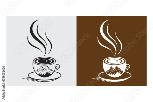 Winter cup design Vector art of a stylized illustration of a steaming cup of coffee with a mountain landscape design on the cup, presented in both black and white on grey and brown backgrounds