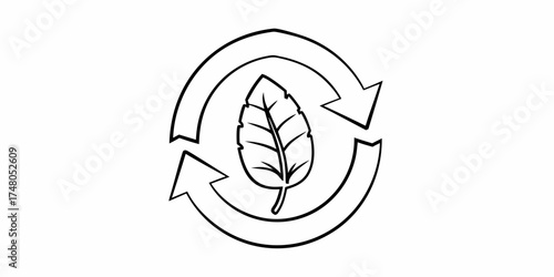 Outline drawing of a leaf inside a circular arrow symbol indicating recycling and sustainability concept