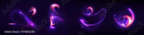 Magic neon swirls set isolated on black background. Vector realistic illustration of abstract color waves glowing in dark, fantasy fairy trail, shimmering purple, blue and orange glitter dust effect