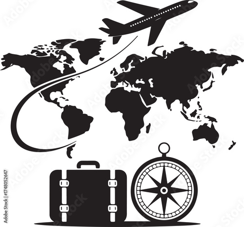 World map with airplane, suitcase, and compass representing global travel and adventure luggage