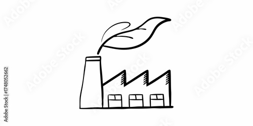 Doodle style drawing of a factory with a leaf coming out of the chimney symbolizing green energy