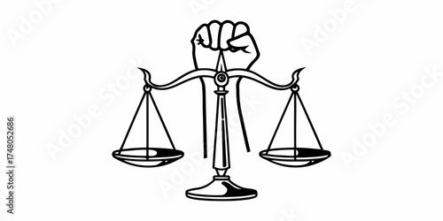 Illustration of a raised fist above a balance scale symbolizing justice and equality for all people