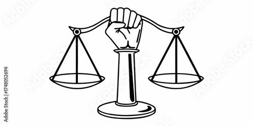 Illustration of a balance scale held up by a fist representing justice and equality in black and white