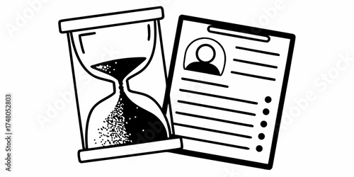 Hourglass with flowing sand and a document with a person icon and lines in black and white style