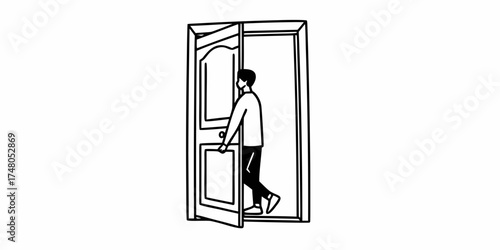 A simple line drawing of a person walking through an open door frame in black and white illustration art