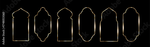 Golden islamic window frames set isolated on black background. Vector realistic illustration of shiny arabic borders, mosque arches, muslim architecture design elements, Ramadan shape doors silhouette