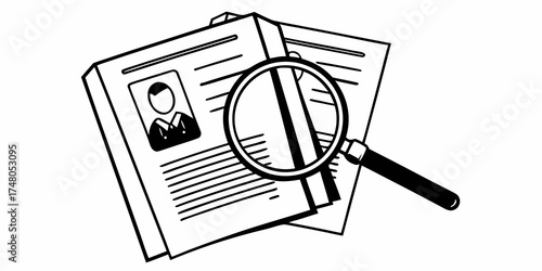 Documents with magnifying glass showing a profile picture and text in black and white style art
